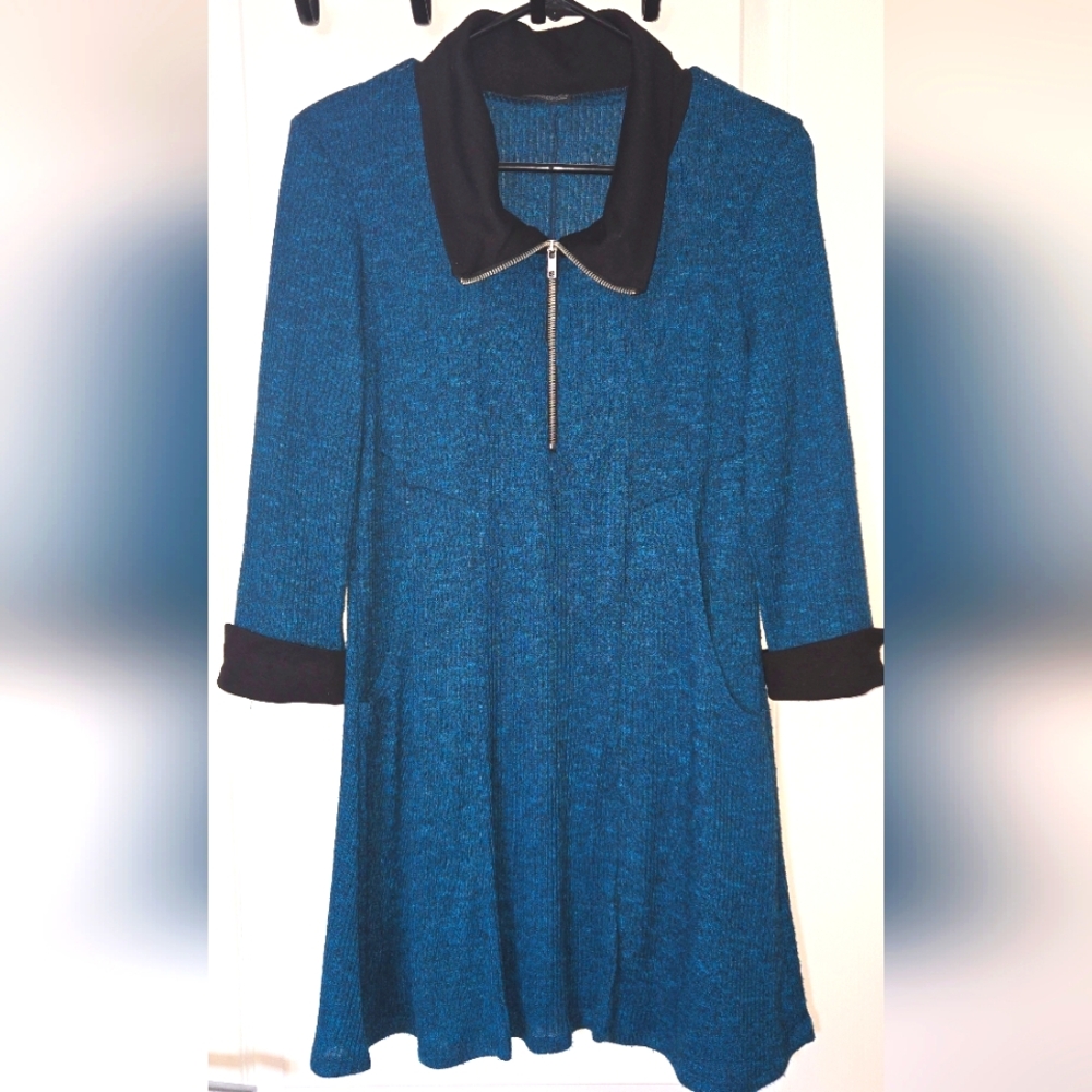 Teal Blue and Black Women's Knit Shirt Dress With Pockets